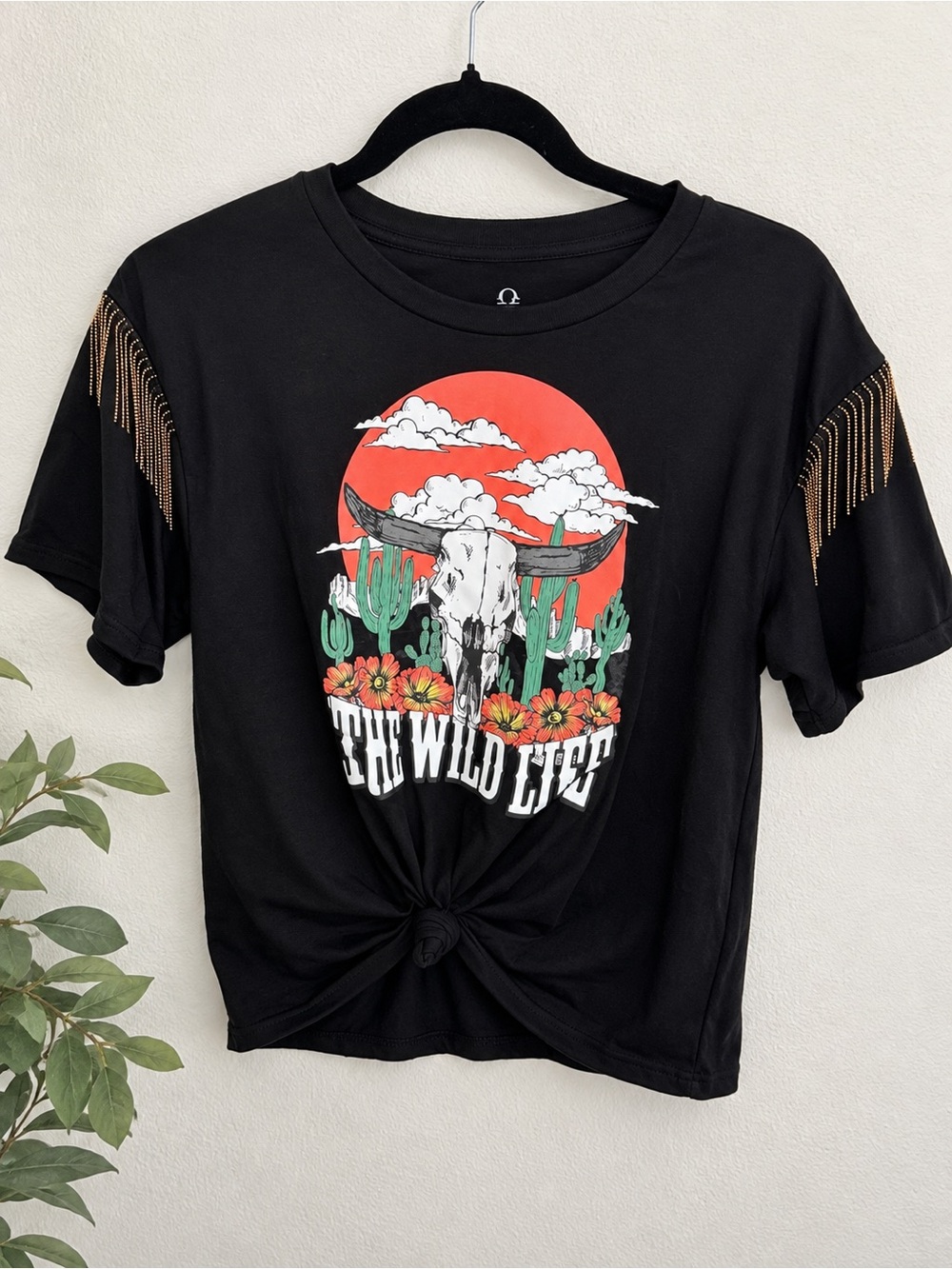 Organic Generation Western Graphic Skull Cactus Fringe T-Shirt Black Size M